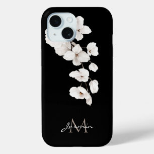 Coque Pour iPhone 15 Orchidées noires et blanches modernes Monogramme f