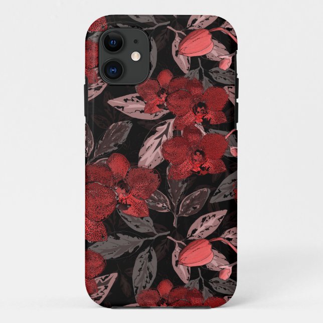 Coques Case-Mate iPhone Orchidées rouges sur noir. (Dos)