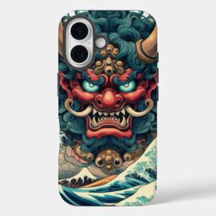 Coque Pour iPhone 16 Oriental abstrait Oni démon face Kanagawa vagues