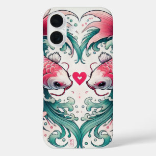 Coque Pour iPhone 16 Oriental rose et turquoise amour coeur koi tatouag