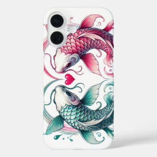 Coque Pour iPhone 16 Oriental rose et turquoise coeur d'amour koi tatou