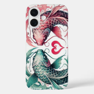 Coque Pour iPhone 16 Oriental rose et turquoise coeur d'amour koi tatou