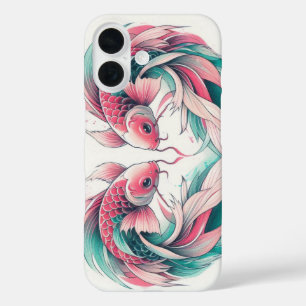 Coque Pour iPhone 16 Oriental rose et turquoise coeur d'amour koi tatou