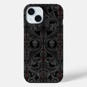 Coque Pour iPhone 15 Ornement Goth Grey avec crâne