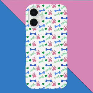 Coque Pour iPhone 16 Os de patte de chien coeurs ouah ouah motif rose v