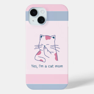 Coque Pour iPhone 15 Oui, je suis une maman chatte rose et bleu rayé