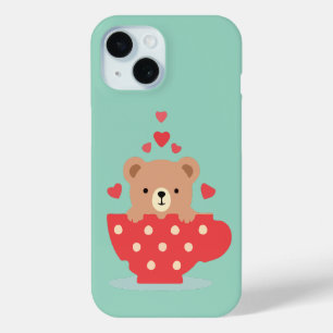Coque Pour iPhone 15 Ours adorable dans une tasse à thé avec des cœurs