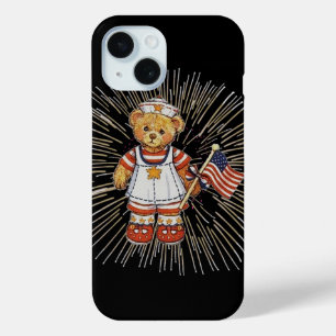 Coque Pour iPhone 15 Ours infirmière vintage avec feux d'artifice blanc