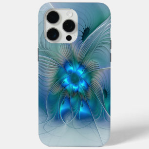 Coque iPhone 15 Pro Max Ovations debout, fractale bleue turquoise abstrait