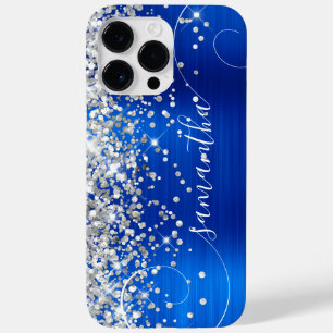 Coque Pour Pour iPhone 14 Pro Max Pailleté Argent Bleu Royal Glam Courbé Signature