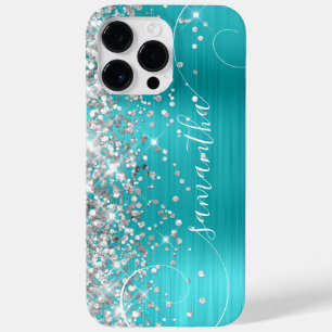 Coque Pour Pour iPhone 14 Pro Max Pailleté Argent et Signature Bouclée Bleu Turquois