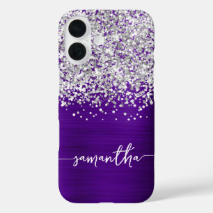 Coque Pour iPhone 16 Pailleté Argent Paillettes Indigo Violet Glam Nom