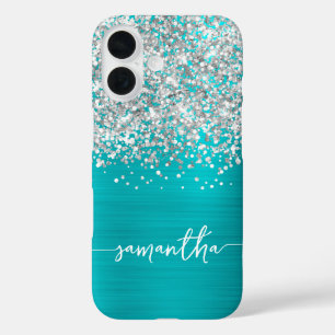 Coque Pour iPhone 16 Pailleté Argent Turquoise Bleu Glam Nom