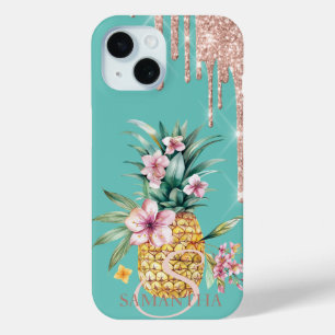 Coque Pour iPhone 15 Pailleté gouttes floral ananas menthe verte
