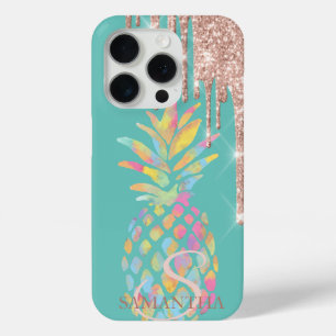 Coque iPhone 15 Pro Pailleté Or Rose Gouttes de Glace Ananas Menthe Ve