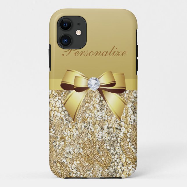 Coques Case-Mate iPhone Paillettes, arc et diamant d'or personnalisés (Dos)