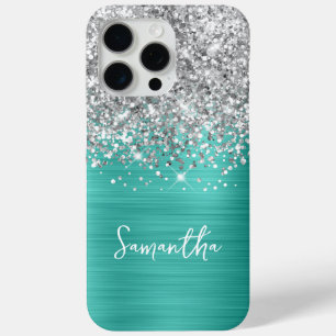 Coque iPhone 15 Pro Max Paillettes Argent Turquoise Glam Nom