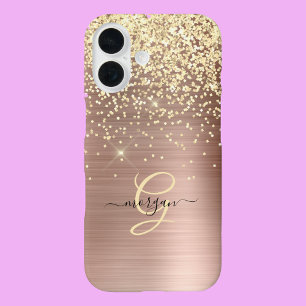 Coque Pour iPhone 16 Paillettes dorées, monogramme doré, nom en script
