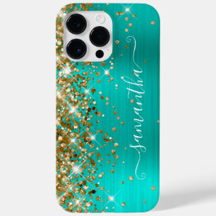 Coque Pour Pour iPhone 14 Pro Max Paillettes dorées Turquoise Glam Moderne Féminin S