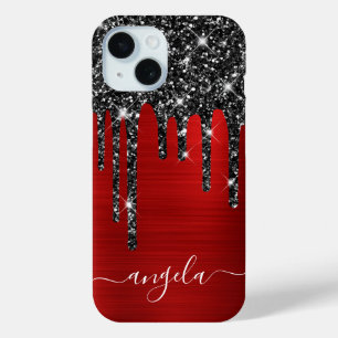 Coque Pour iPhone 15 Paillettes noires gouttes Signature Red Glam