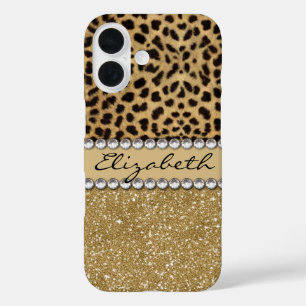 Coque Pour iPhone 16 Paillettes Or Tache de Léopard Rhinestone