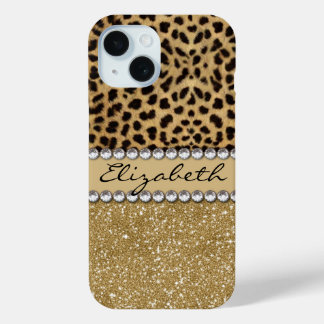 Coque Pour iPhone 15 Paillettes Or Tache De Léopard Rhinestone