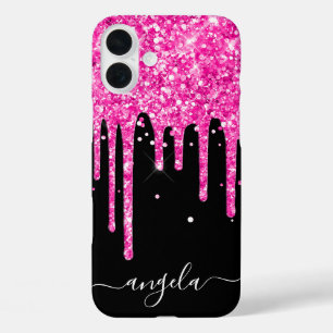 Coques iPhone 16 Plus Paillettes rose vif qui dégoulinent Signature Blac