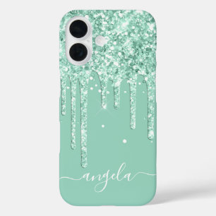 Coque Pour iPhone 16 Paillettes sarcelle clair gouttes glamour signatur