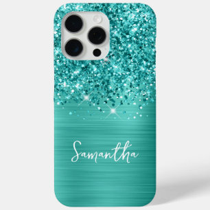 Coque iPhone 15 Pro Max Paillettes sarcelle turquoise Glam nom