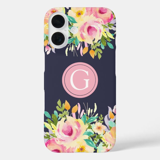 Coques Case-Mate iPhone Painted Watercolor Floral Monogram Iphone 16 Case (Verso)