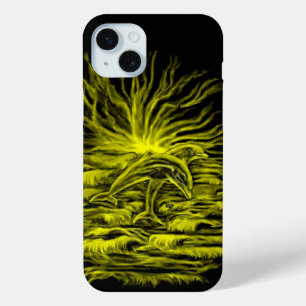 Coque iPhone 15 Mini Paire de dauphins dans le soleil