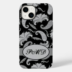 Coque Pour iPhone 14 Paisley Black Grey Nom du monogramme moderne