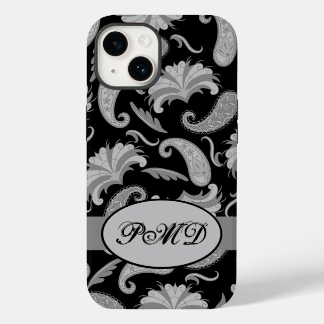 Coques Case-Mate iPhone Paisley Black Grey Nom du monogramme moderne (Verso)