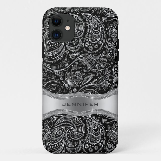 Coques Case-Mate iPhone Paisley Florale Noire Et Métallurgique (Dos)