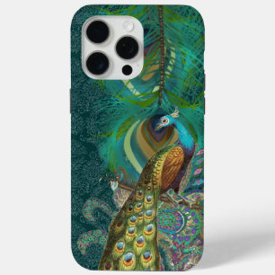 Coque iPhone 15 Pro Max PAISLEY Peacock & Feather GOLD COPPER ET VERT