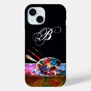 COQUE POUR iPhone 15 PALETTE DE COULEUR ARTISTE, BROUSHES, MONOGRAMME N