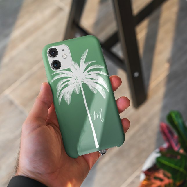 Coques Case-Mate iPhone Palmier Vert Blanc Tropical Élégant Monogramme (Créateur téléchargé)