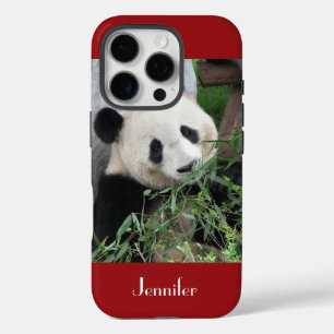 Coques iPhone 16 Pro Panda géant, rouge foncé, coutume avec nom
