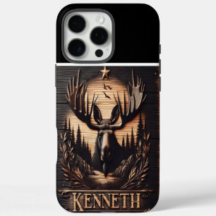 Coques iPhone 16 Pro Max Panneau en bois d'orignal sculpté