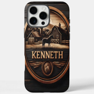Coques iPhone 16 Pro Max Panneau en bois sculpté avec un cheval en milieu r