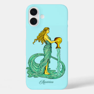 Coques iPhone 16 Plus Panneau Zodiaque Aquarius, Femme avec eau