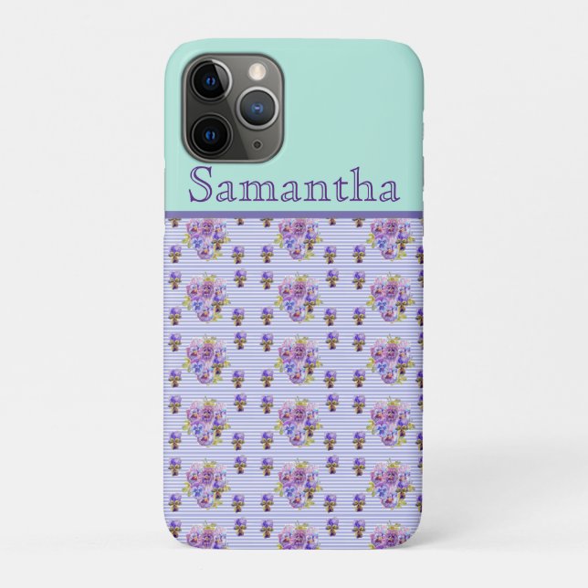 Coques Case-Mate iPhone Pansy Flower Aqua Stripe art floral Girls Nom (Dos)