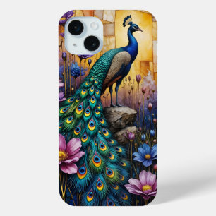 Coque iPhone 15 Mini Paon dans un paysage floral