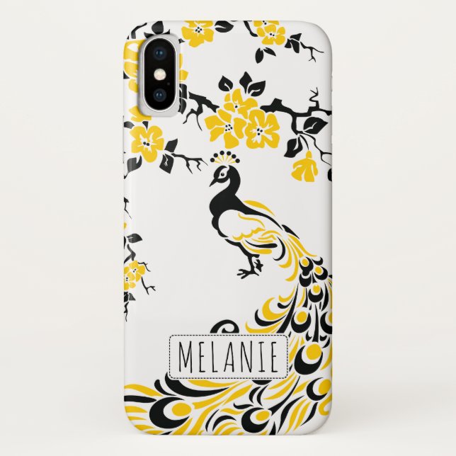 Coques Case-Mate iPhone paon jaune noir & fleurs de cerisiers Art nouveau (Dos)
