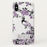 paon violet noir & fleurs de cerisiers Art nouveau