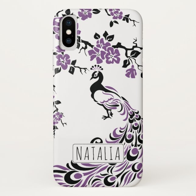 Coques Case-Mate iPhone paon violet noir & fleurs de cerisiers Art nouveau (Dos)