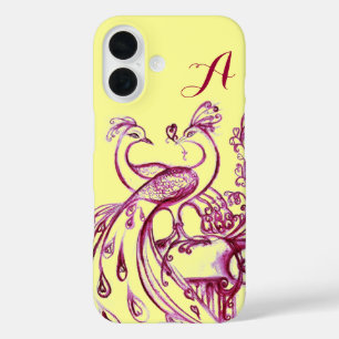 Coques iPhone 16 PAONS AMOUREUX MONOGRAMME Violet Jaune