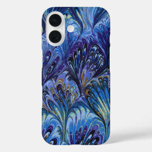 COQUE POUR iPhone 16 PAPIER MARBÉ, MOTIF ABSTRAIT BLEU PEACOCK, EAUX