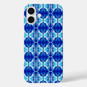 iPhone 16 Plus Case Papier peint Art Déco motif - bleu cobalt et blanc