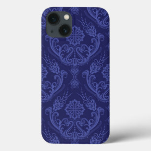 iPhone 13 Coque Papier peint floral bleu de luxe de damassé